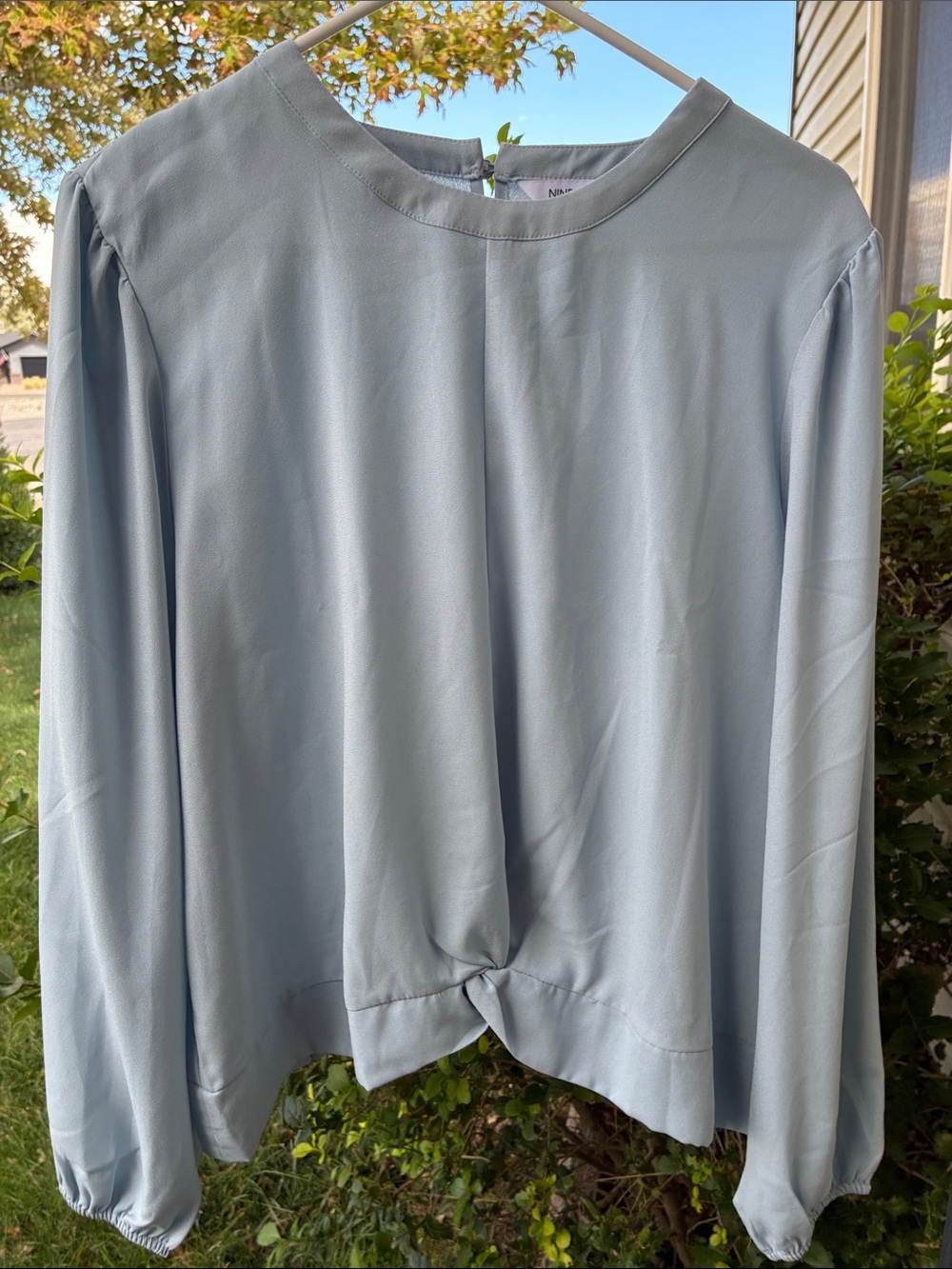 Nine West Soft Light Blue Twist-Front Long Sleeve Blouse